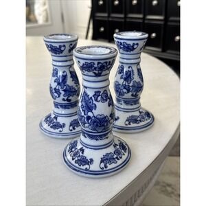 Candle Holders Blue and White Vintage Porcelain - Set Of 3